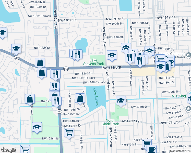 map of restaurants, bars, coffee shops, grocery stores, and more near 5275 Northwest 181st Terrace in Miami Gardens