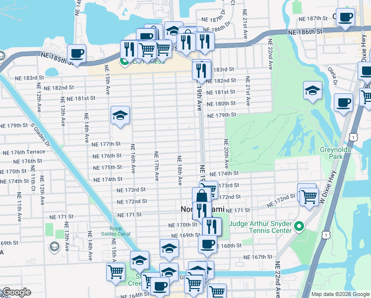 map of restaurants, bars, coffee shops, grocery stores, and more near 1801 Northeast 176th Street in North Miami Beach