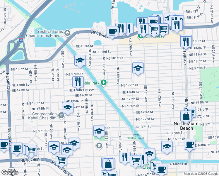 map of restaurants, bars, coffee shops, grocery stores, and more near 1348 Northeast 177th Street in North Miami Beach