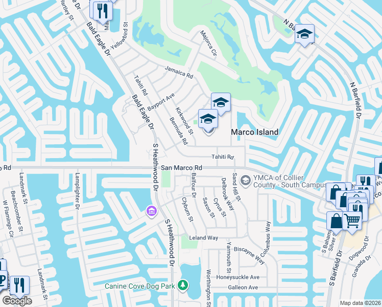 map of restaurants, bars, coffee shops, grocery stores, and more near 61 Tahiti Road in Marco Island