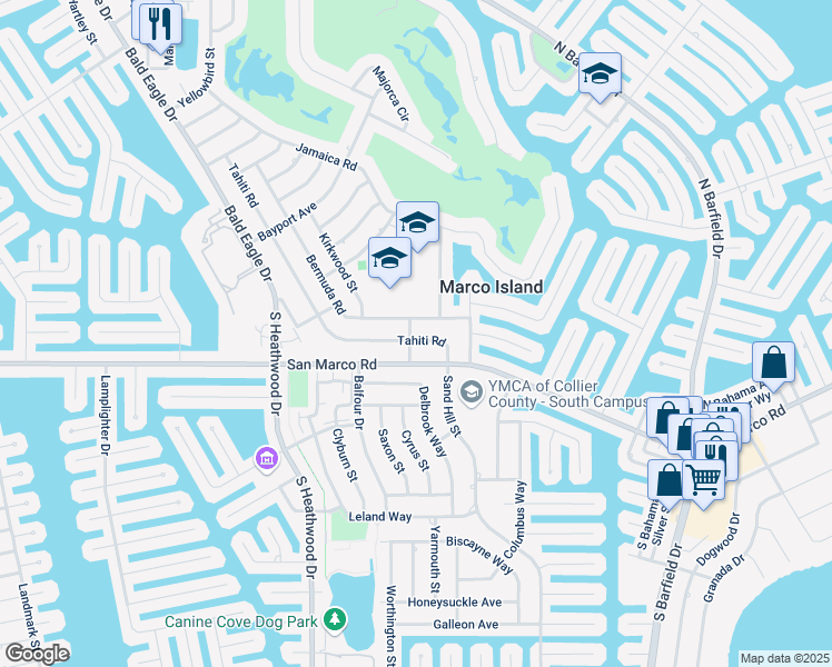 map of restaurants, bars, coffee shops, grocery stores, and more near 35 Tahiti Road in Marco Island