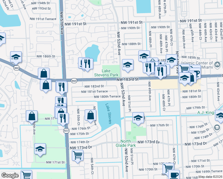 map of restaurants, bars, coffee shops, grocery stores, and more near 5275 Northwest 181st Terrace in Miami Gardens