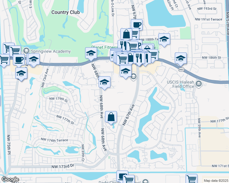 map of restaurants, bars, coffee shops, grocery stores, and more near 6752 Northwest 182nd Street in Hialeah