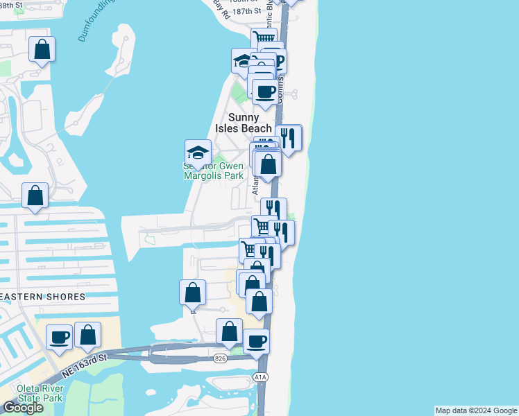 map of restaurants, bars, coffee shops, grocery stores, and more near 210 Northeast 175th Terrace in Sunny Isles Beach