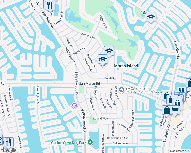 map of restaurants, bars, coffee shops, grocery stores, and more near 61 Tahiti Rd in Marco Island