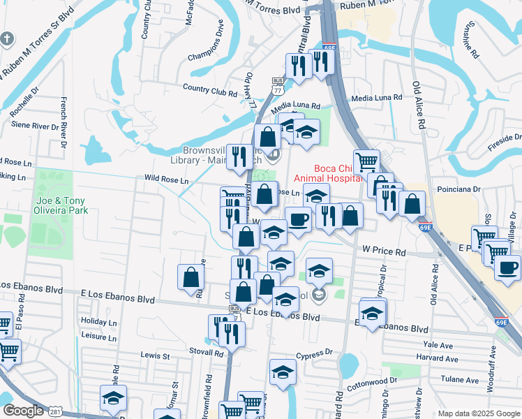 map of restaurants, bars, coffee shops, grocery stores, and more near 807 West Price Road in Brownsville