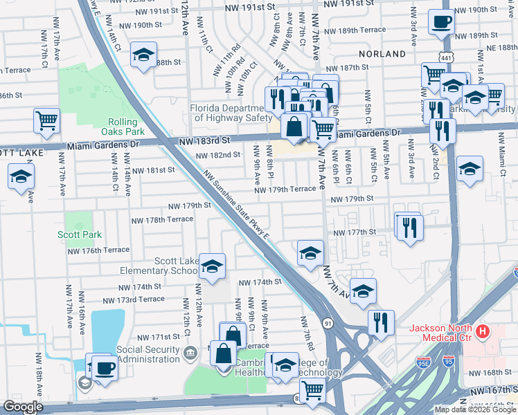 map of restaurants, bars, coffee shops, grocery stores, and more near 900 Northwest 179th Street in Miami