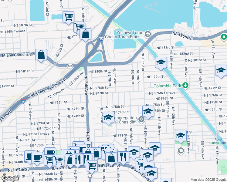 map of restaurants, bars, coffee shops, grocery stores, and more near 741 Northeast 177th Street in Miami