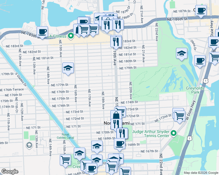 map of restaurants, bars, coffee shops, grocery stores, and more near 1859 Northeast 176th Street in North Miami Beach