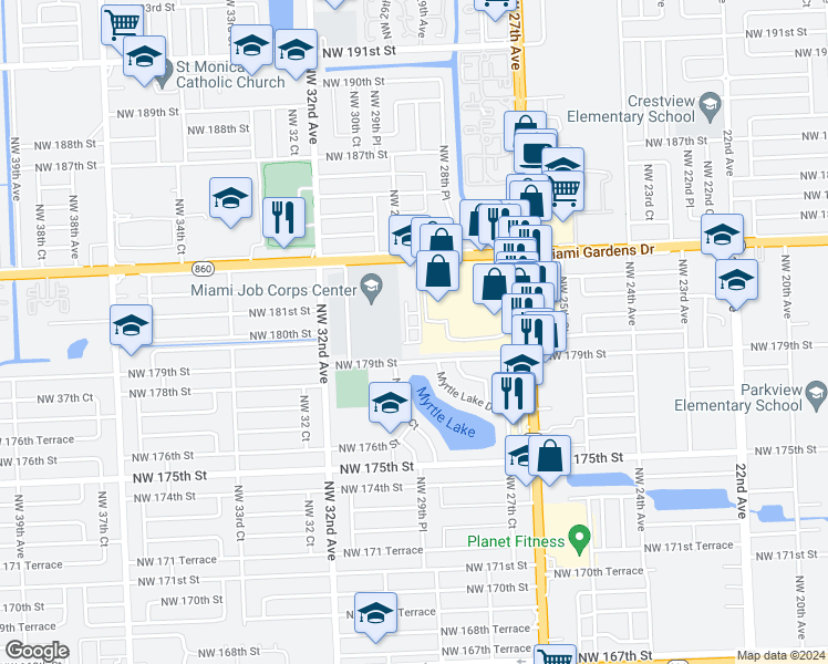 map of restaurants, bars, coffee shops, grocery stores, and more near 2814 Northwest 181st Street in Miami Gardens