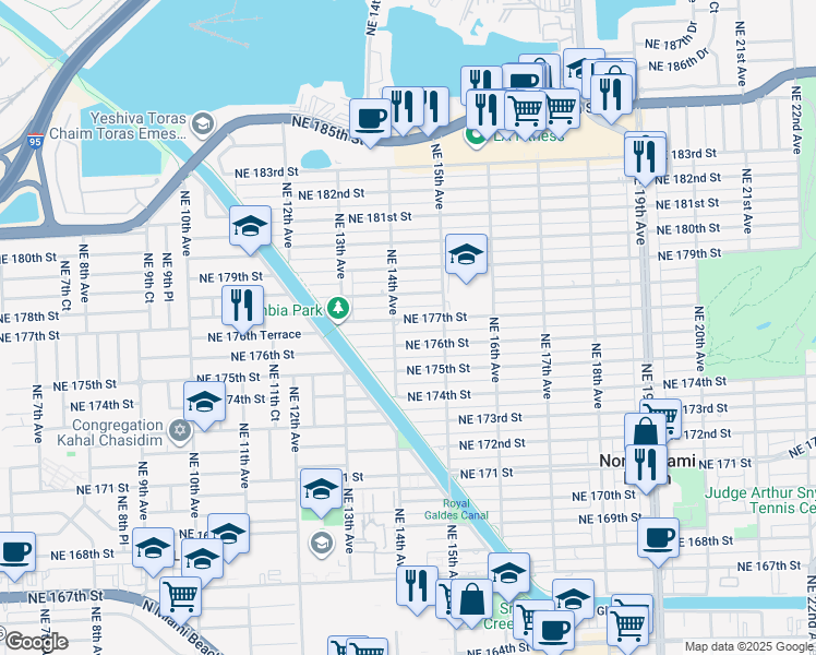 map of restaurants, bars, coffee shops, grocery stores, and more near 1424 Northeast 177th Street in North Miami Beach