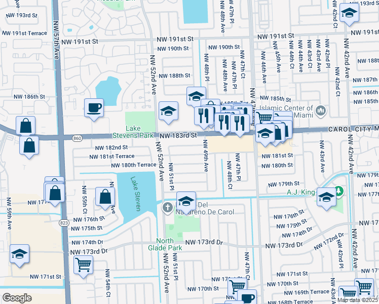 map of restaurants, bars, coffee shops, grocery stores, and more near 4951 Northwest 181st Terrace in Miami Gardens