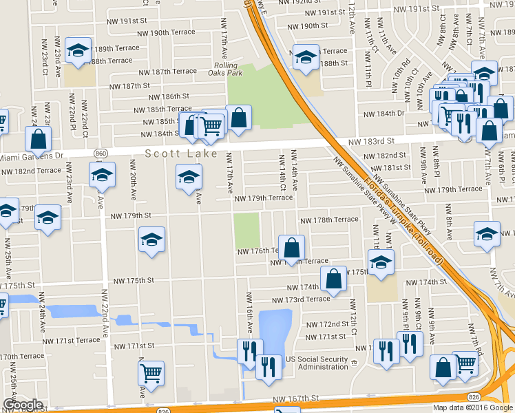 map of restaurants, bars, coffee shops, grocery stores, and more near 1511 Northwest 179th Street in Miami