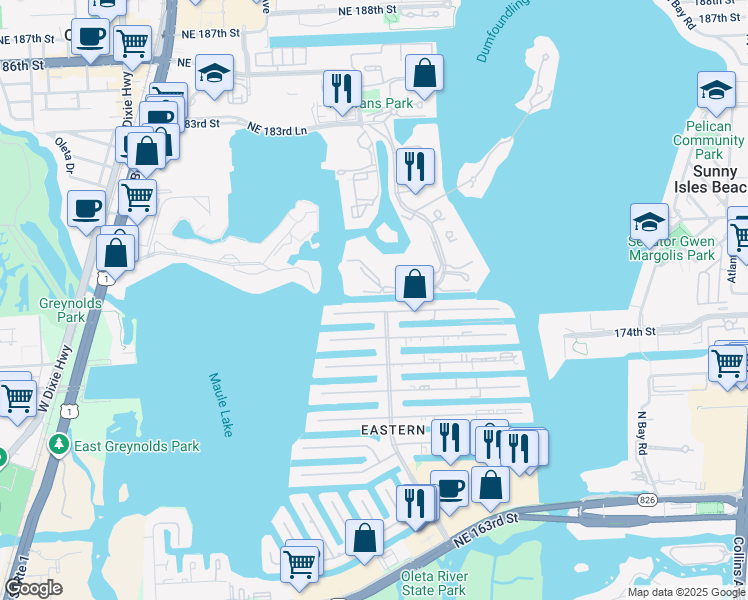 map of restaurants, bars, coffee shops, grocery stores, and more near 3463 Northeast 171 Street in North Miami Beach