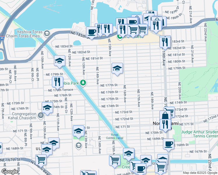 map of restaurants, bars, coffee shops, grocery stores, and more near 1501 Northeast 176th Street in North Miami Beach