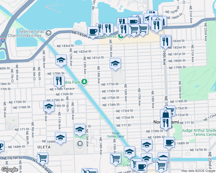 map of restaurants, bars, coffee shops, grocery stores, and more near 1501 Northeast 176th Street in North Miami Beach