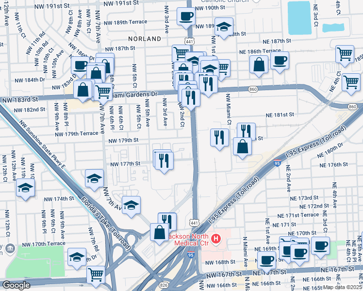map of restaurants, bars, coffee shops, grocery stores, and more near 271 Northwest 177th Street in Miami Gardens