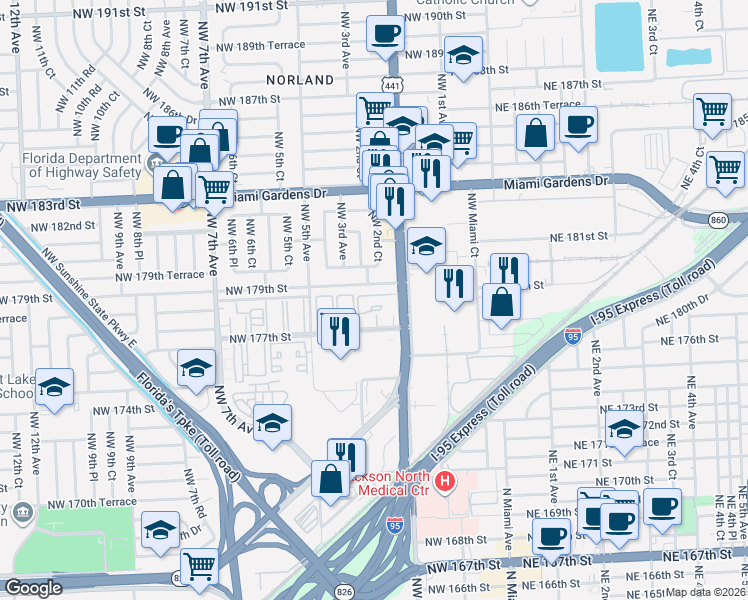 map of restaurants, bars, coffee shops, grocery stores, and more near 271 Northwest 177th Street in Miami Gardens
