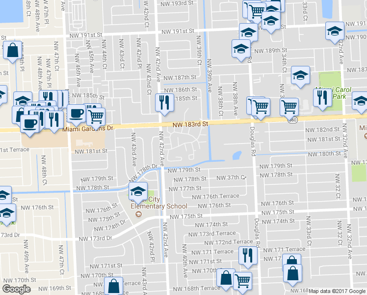 map of restaurants, bars, coffee shops, grocery stores, and more near 18081 Northwest 41st Court in Miami Gardens