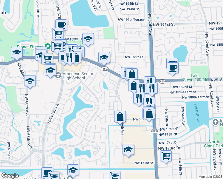 map of restaurants, bars, coffee shops, grocery stores, and more near 18160 Northwest 59th Avenue in Hialeah
