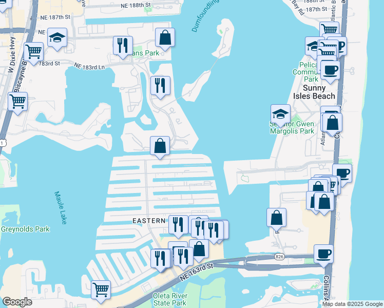 map of restaurants, bars, coffee shops, grocery stores, and more near 3745 Northeast 171 Street in North Miami Beach