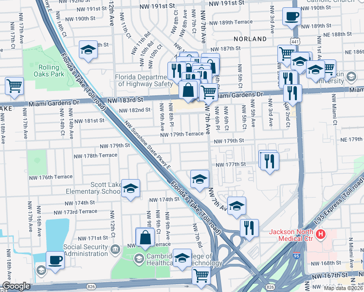map of restaurants, bars, coffee shops, grocery stores, and more near 795 Northwest 178th Terrace in Miami