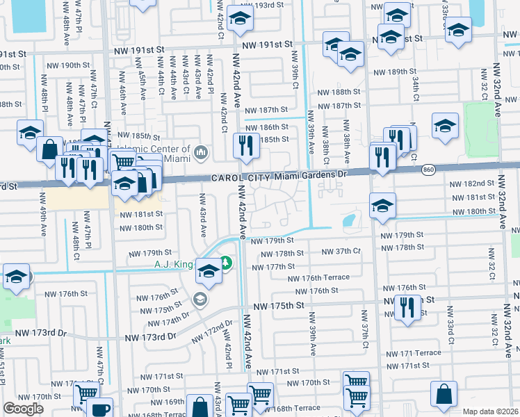 map of restaurants, bars, coffee shops, grocery stores, and more near 18081 Northwest 41st Court in Miami Gardens
