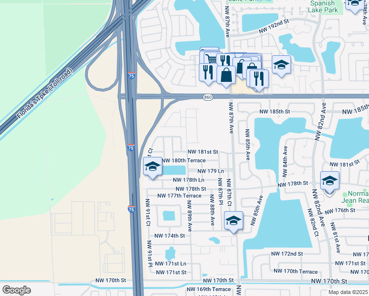 map of restaurants, bars, coffee shops, grocery stores, and more near 8899 Northwest 181st Street in Hialeah