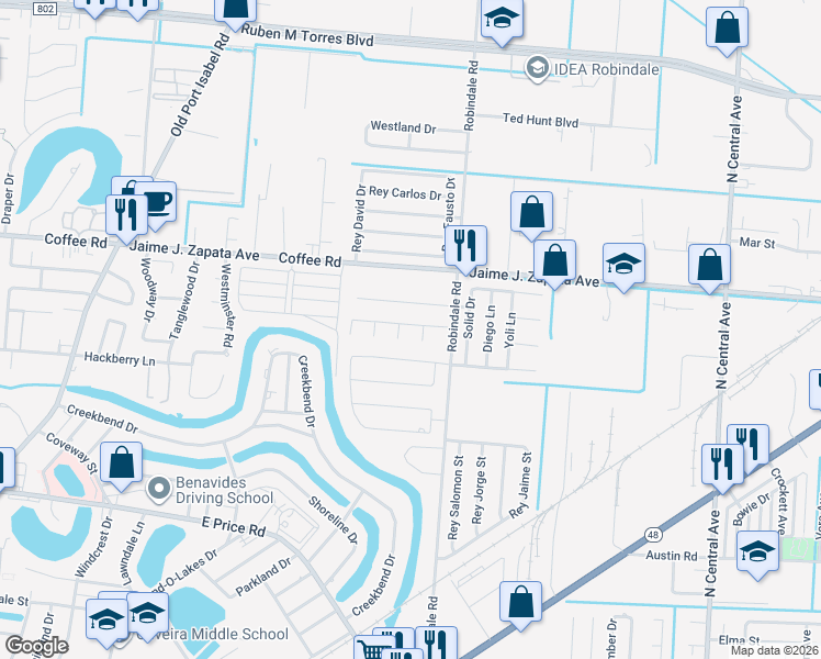 map of restaurants, bars, coffee shops, grocery stores, and more near 3724 Magali Circle in Brownsville