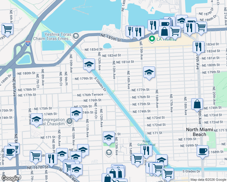 map of restaurants, bars, coffee shops, grocery stores, and more near 17731-17739 North Glades Drive in North Miami Beach