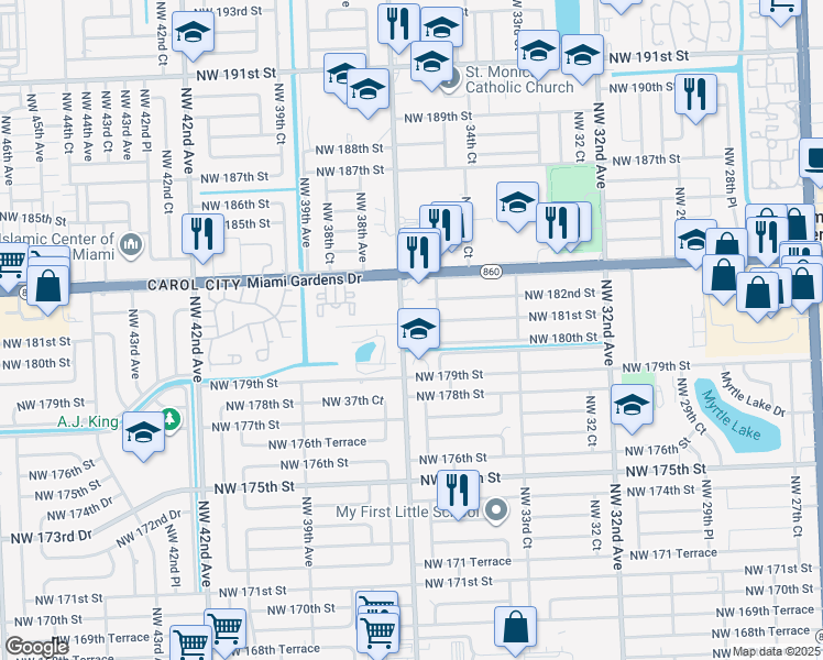 map of restaurants, bars, coffee shops, grocery stores, and more near 3650 Northwest 181st Street in Miami Gardens