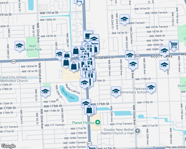 map of restaurants, bars, coffee shops, grocery stores, and more near 17920 Northwest 25th Court in Miami Gardens