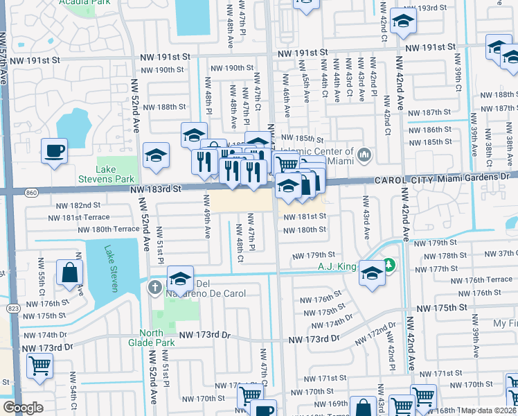 map of restaurants, bars, coffee shops, grocery stores, and more near 4730 Northwest 181st Terrace in Miami Gardens