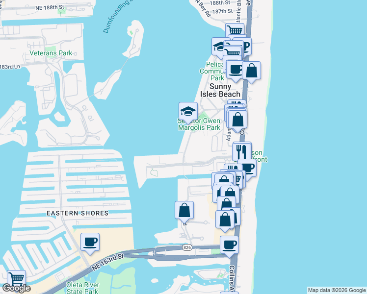 map of restaurants, bars, coffee shops, grocery stores, and more near 17500 North Bay Road in Sunny Isles Beach