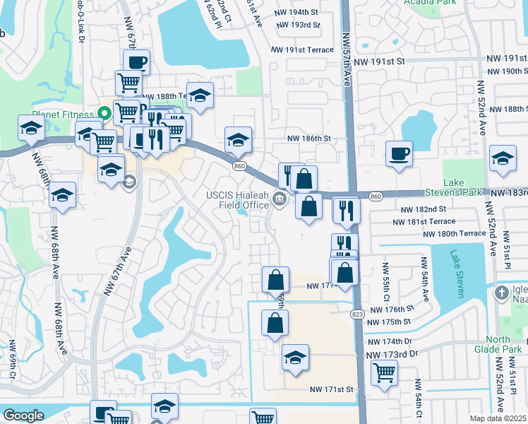 map of restaurants, bars, coffee shops, grocery stores, and more near 18160 Northwest 59th Avenue in Hialeah
