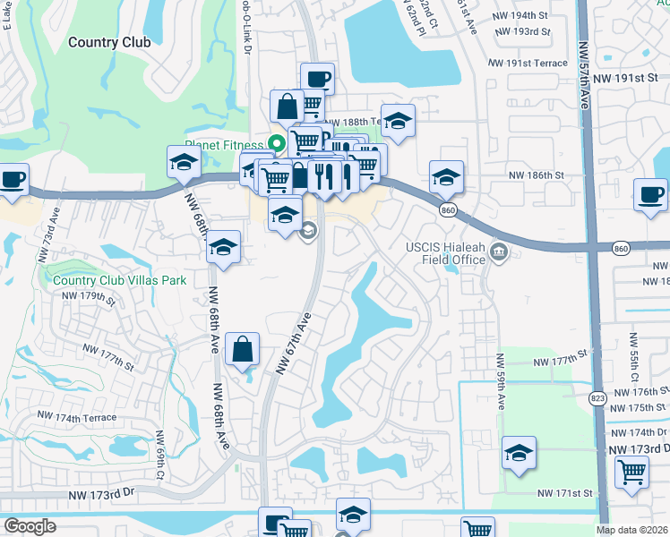 map of restaurants, bars, coffee shops, grocery stores, and more near 18123 Northwest 66th Court in Hialeah