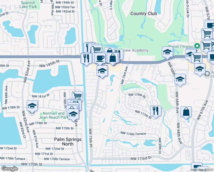 map of restaurants, bars, coffee shops, grocery stores, and more near 18137 Northwest 74th Court in Hialeah