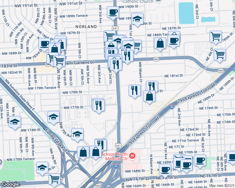 map of restaurants, bars, coffee shops, grocery stores, and more near 17802 Northwest 2nd Avenue in Miami Gardens