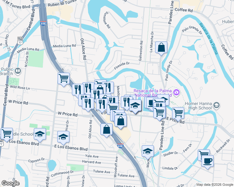 map of restaurants, bars, coffee shops, grocery stores, and more near 244 Meadow Lane in Brownsville