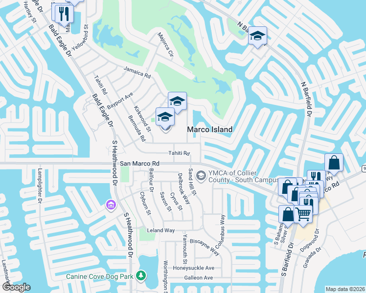 map of restaurants, bars, coffee shops, grocery stores, and more near 17 Tahiti Road in Marco Island