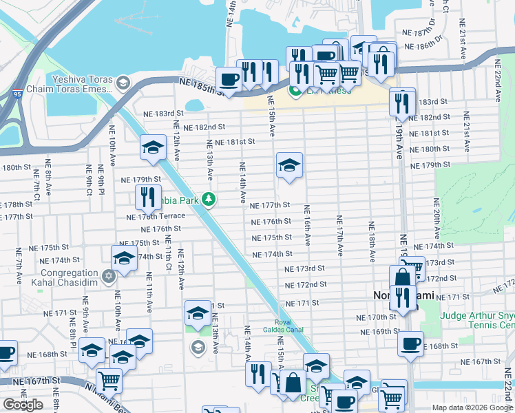 map of restaurants, bars, coffee shops, grocery stores, and more near 1424 Northeast 177th Street in North Miami Beach
