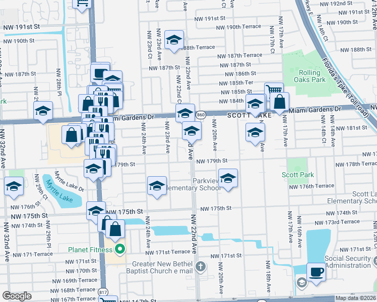 map of restaurants, bars, coffee shops, grocery stores, and more near 17921 Northwest 22nd Court in Miami Gardens