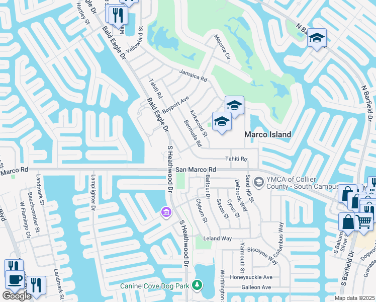 map of restaurants, bars, coffee shops, grocery stores, and more near 88 Tahiti Road in Marco Island