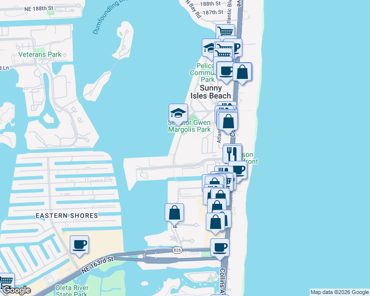 map of restaurants, bars, coffee shops, grocery stores, and more near 17505 North Bay Road in Sunny Isles Beach