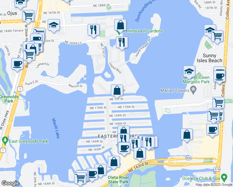 map of restaurants, bars, coffee shops, grocery stores, and more near 3642 Northeast 171 Street in North Miami Beach