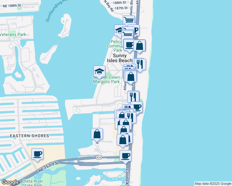 map of restaurants, bars, coffee shops, grocery stores, and more near 163 174th Street in Sunny Isles Beach