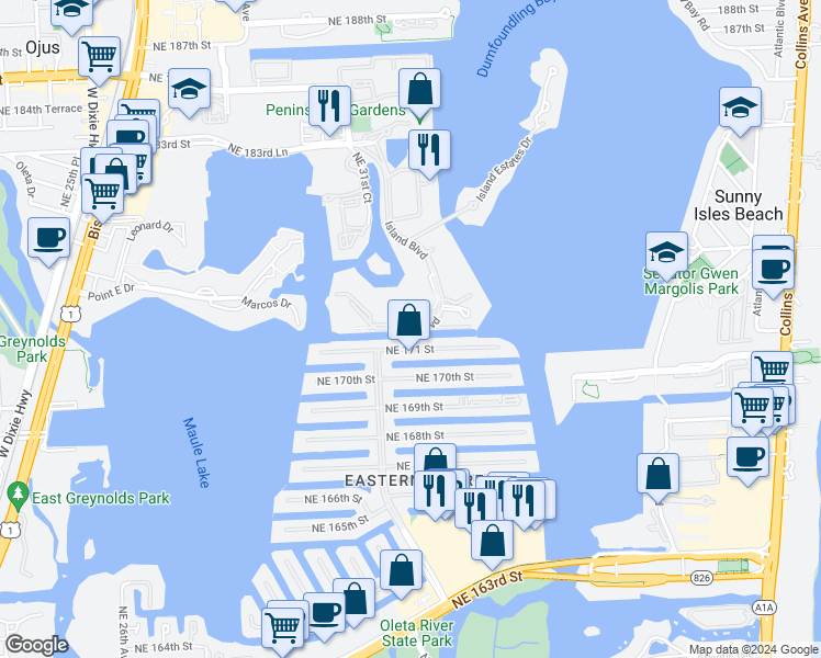 map of restaurants, bars, coffee shops, grocery stores, and more near 3642 Northeast 171 Street in North Miami Beach
