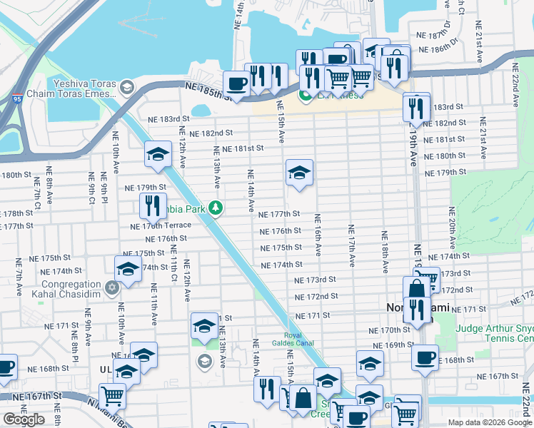 map of restaurants, bars, coffee shops, grocery stores, and more near 1424 Northeast 177th Street in North Miami Beach