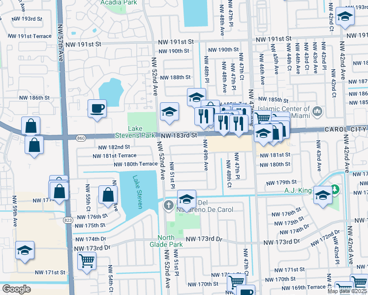 map of restaurants, bars, coffee shops, grocery stores, and more near 4951 Northwest 181st Terrace in Miami Gardens