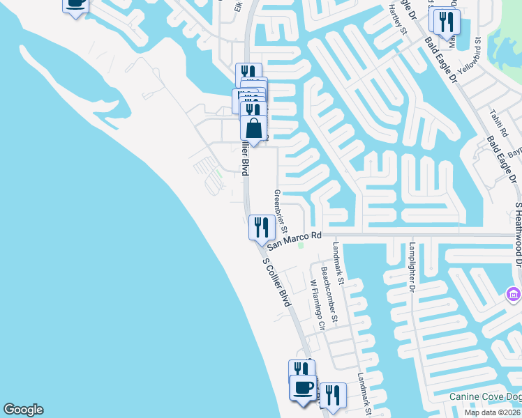 map of restaurants, bars, coffee shops, grocery stores, and more near 87 North Collier Boulevard in Marco Island
